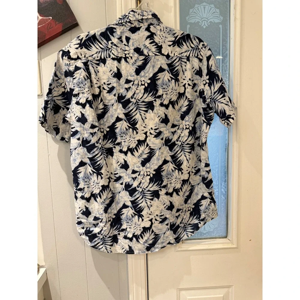 Report Collection Mens Blue Tropical Floral Linen Blend Button Down Shirt L